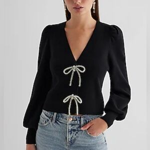 Women’s Black Express V-Neck Embellished Bow Cardigan Size Medium